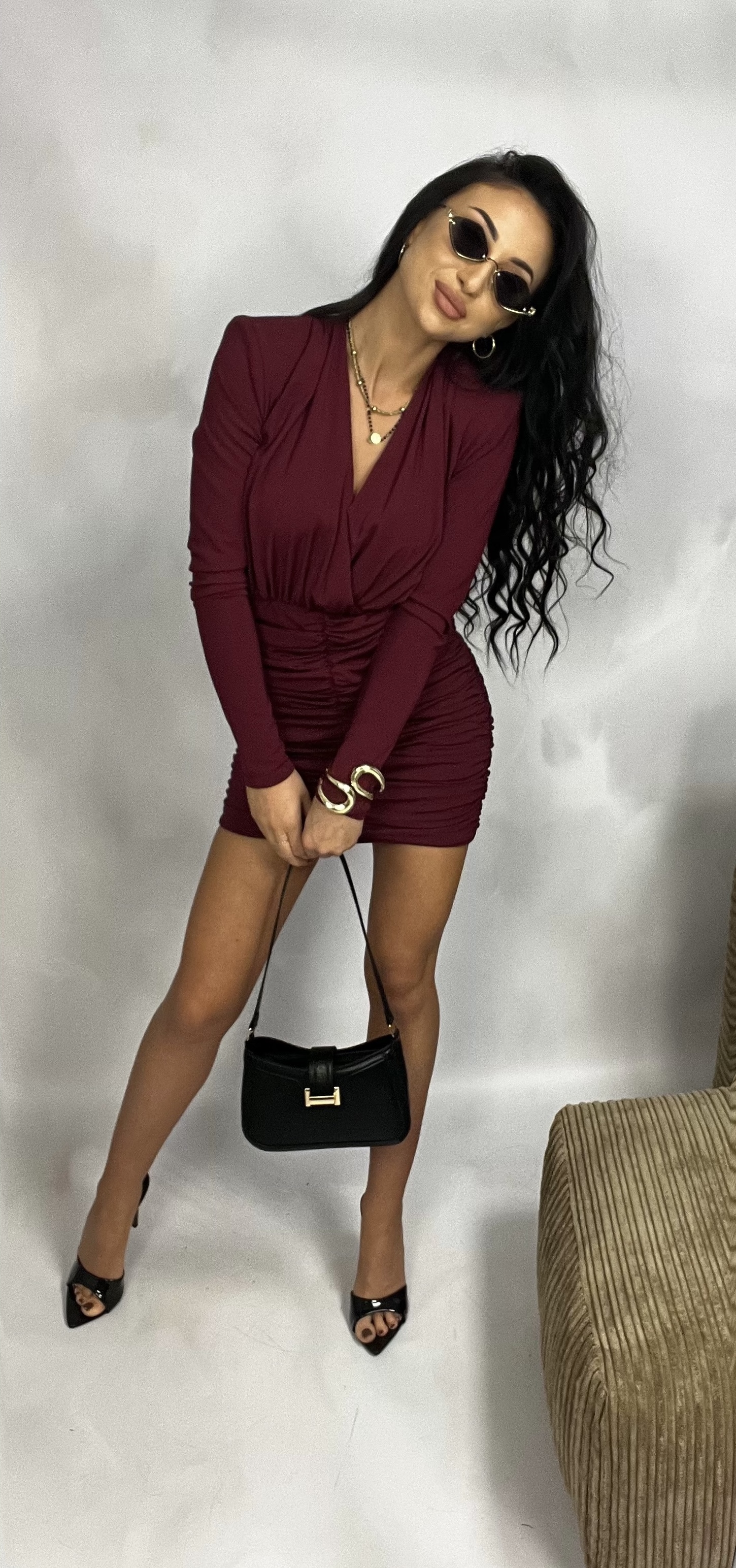 Sukienka marszczona mini MILLAGRO - na długi rękaw BORDO PREMIUM Polska produkcja