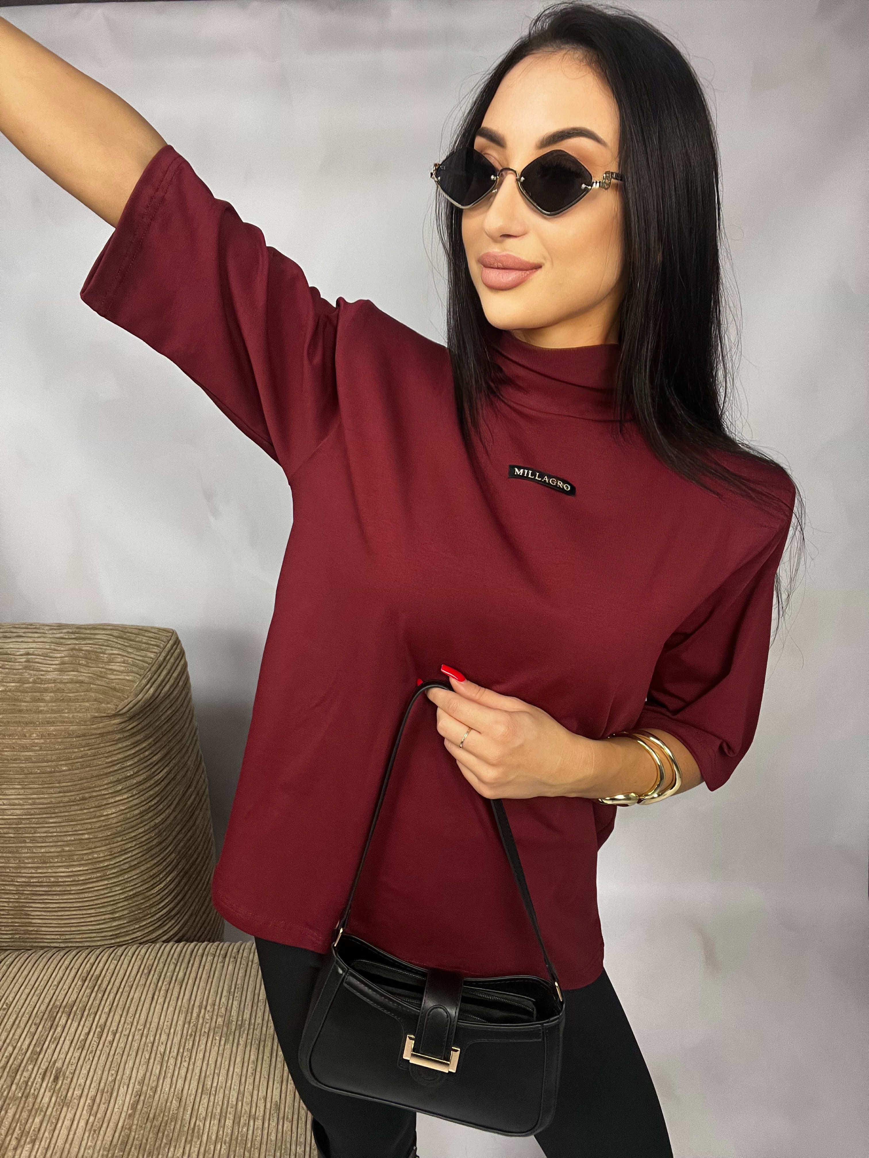 T-shirt damski z półgolfem – MILLAGRO Wino