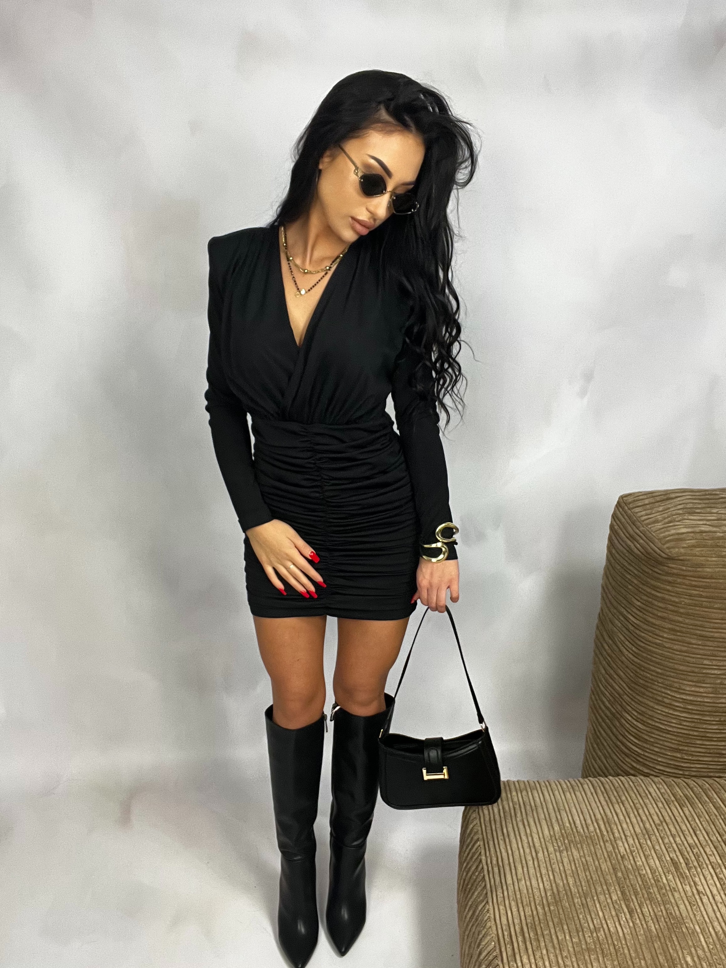 Sukienka marszczona MILLAGRO mini na długi rękaw czarna PREMIUM Polska produkcja